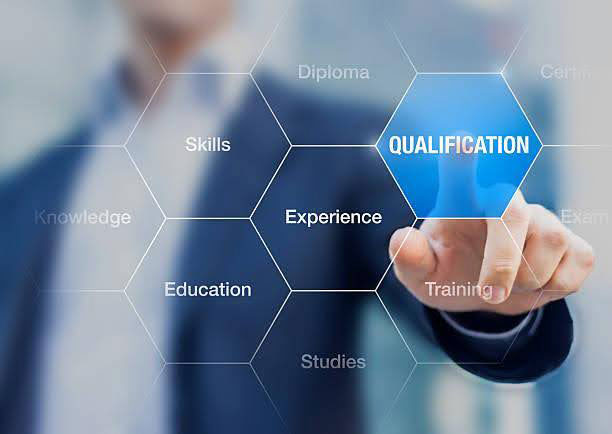 Concept image. Man touches the word "Qualification" in a grid of words relating to staff qualifications